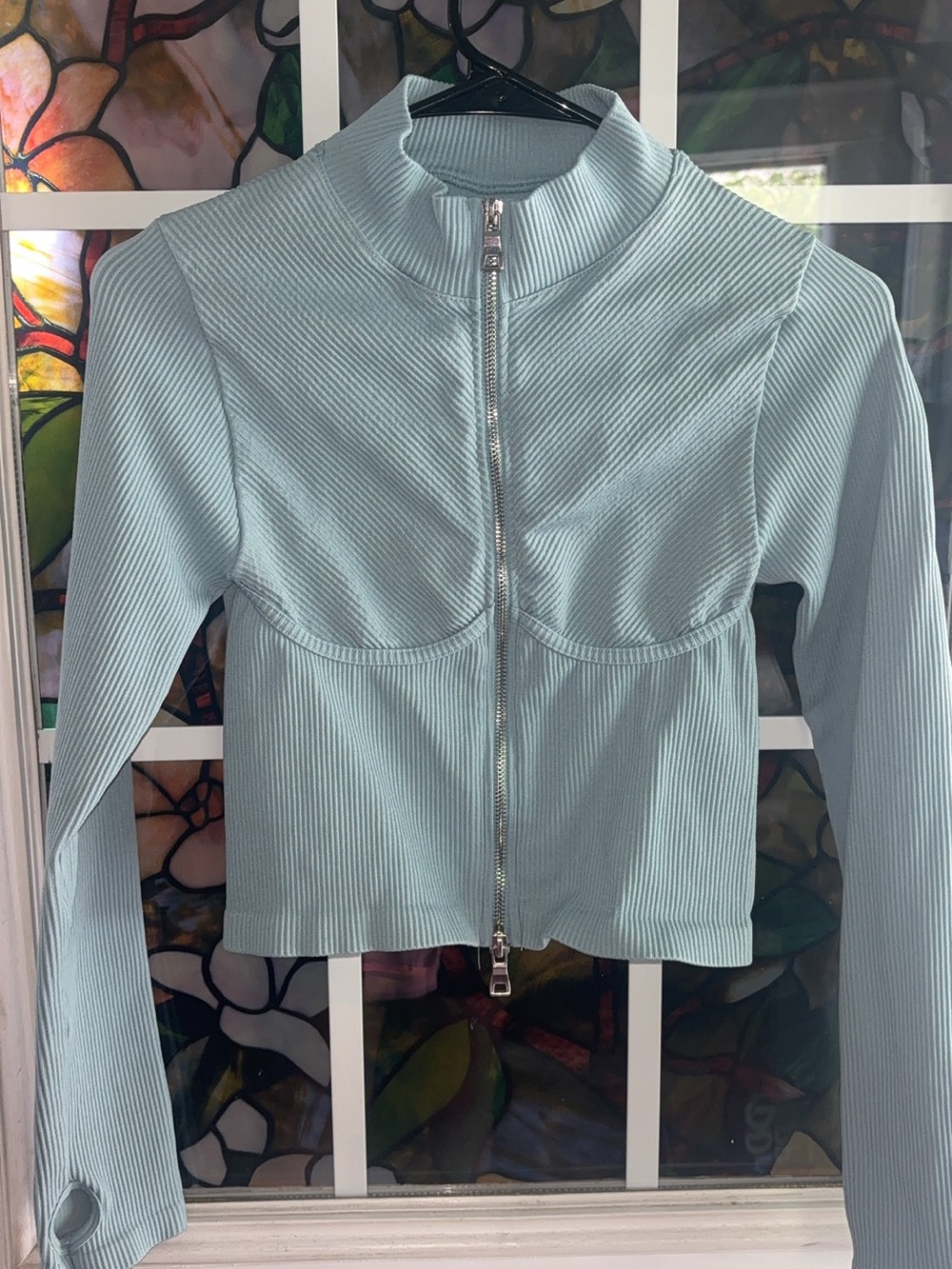 Love nation Cropped Ribbed Zip-Up Jacket in Light Aqua